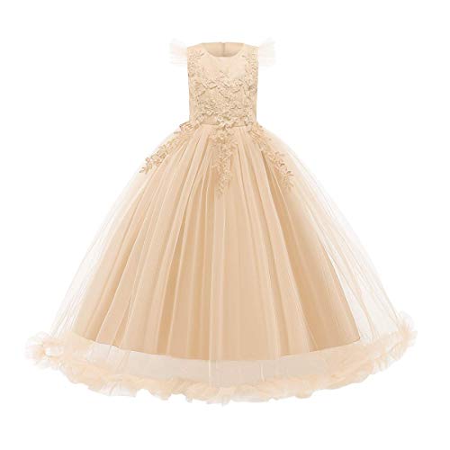 FYMNSI Mädchen Kleid Kinder Party Hochzeit Prinzessin Festzug Tutu Tüll Kleider Stickerei Blumenmädchenkleid Abschlussball Ballkleid Hochzeitskleid Geburtstagskleid Abendkleid Champagner 7-8 Jahre von FYMNSI