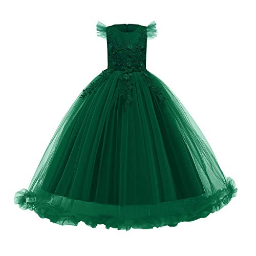 FYMNSI Mädchen Kleid Kinder Party Hochzeit Prinzessin Festzug Tutu Tüll Kleider Stickerei Blumenmädchenkleid Abschlussball Ballkleid Hochzeitskleid Geburtstagskleid Abendkleid Dunkelgrün 6-7 Jahre von FYMNSI