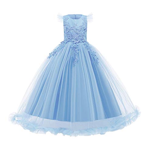 FYMNSI Mädchen Kleid Kinder Party Hochzeit Prinzessin Festzug Tutu Tüll Kleider Stickerei Blumenmädchenkleid Abschlussball Ballkleid Hochzeitskleid Geburtstagskleid Abendkleid Himmelblau 11-12 Jahre von FYMNSI