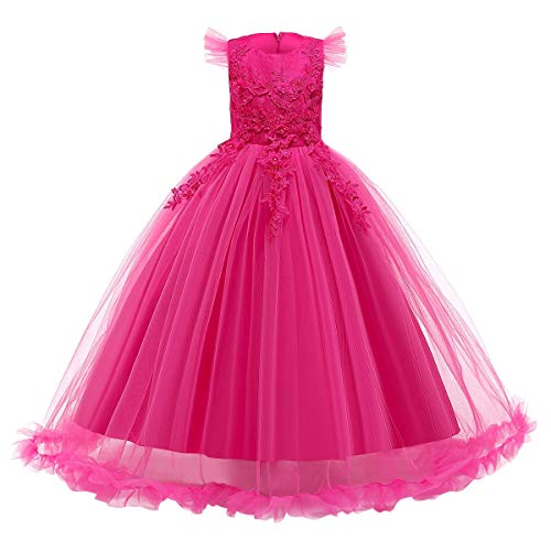 FYMNSI Mädchen Kleid Kinder Party Hochzeit Prinzessin Festzug Tutu Tüll Kleider Stickerei Blumenmädchenkleid Abschlussball Ballkleid Hochzeitskleid Geburtstagskleid Abendkleid Rose 6-7 Jahre von FYMNSI