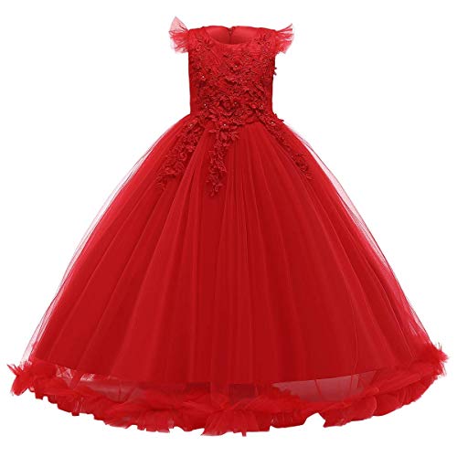 FYMNSI Mädchen Kleid Kinder Party Hochzeit Prinzessin Festzug Tutu Tüll Kleider Stickerei Blumenmädchenkleid Abschlussball Ballkleid Hochzeitskleid Geburtstagskleid Abendkleid Rot 7-8 Jahre von FYMNSI