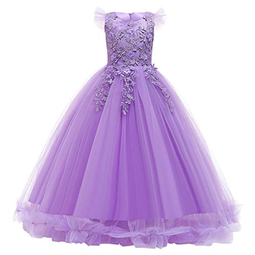 FYMNSI Mädchen Kleid Kinder Party Hochzeit Prinzessin Festzug Tutu Tüll Kleider Stickerei Blumenmädchenkleid Abschlussball Ballkleid Hochzeitskleid Geburtstagskleid Abendkleid Violett 6-7 Jahre von FYMNSI