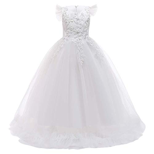 FYMNSI Mädchen Kleid Kinder Party Hochzeit Prinzessin Festzug Tutu Tüll Kleider Stickerei Blumenmädchenkleid Abschlussball Ballkleid Hochzeitskleid Geburtstagskleid Abendkleid Weiß 6-7 Jahre von FYMNSI