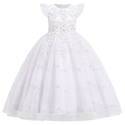 FYMNSI Mädchen Kommunionkleid Kinder Langes Prinzessin Tüll Maxikleid Blumenmädchen Hochzeit Brautjungfer Abschlussball Ballkleid Festzug Geburtstag Partykleid Abendkleid Festkleid Weiß 6-7 Jahre von FYMNSI