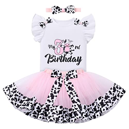 FYMNSI Mädchen Kuh 3. Geburtstag Outfit Drei Jahre Alt Bauernhof Tier Themen Party Fotoshooting Milchkuh Baumwolle Kurzarm T-shirt Top Prinzessin Tutu Rock Stirnband 3er Bekleidungsset Rosa von FYMNSI