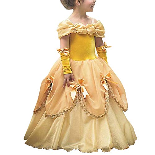 FYMNSI Mädchen Prinzessin Belle Kleid Die Schöne und das Biest Märchen Prinzessin Cosplay Schulterfrei Tüll Maxikleid Halloween Weihnachten Fasching Partykleid Festkleid Verkleidung Gelb 12-13 Jahre von FYMNSI