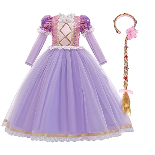 FYMNSI Mädchen Prinzessin Kostüm Kinder Cosplay Langarm Langes Kleid mit Perücke für Karneval Fasching Halloween Weihnachten Geburtstag Party Ankleiden Verkleidung Lila 3-4 Jahre von FYMNSI