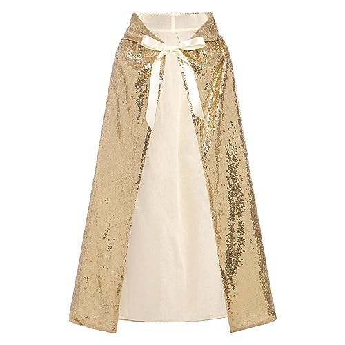 FYMNSI Mädchen Prinzessin Umhang Kinder Fasching Verkleiden Halloween Kostüm Glitzer Pailletten Lang Kapuzenumhang Karneval Geburtstagsfeier Cosplay Cape Herbst Winter Mantel Gold Einheitsgröße von FYMNSI