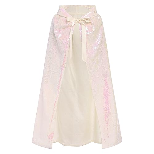 FYMNSI Mädchen Prinzessin Umhang Kinder Fasching Verkleiden Halloween Kostüm Glitzer Pailletten Lang Kapuzenumhang Karneval Geburtstagsfeier Cosplay Cape Herbst Winter Mantel Weiß Einheitsgröße von FYMNSI