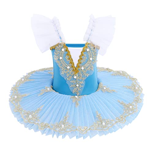 FYMNSI Mädchen Professionelles Ballett Tutu Kinder Ballettkleid Schwan Tanzkleid Schwanensee Tanz Kostüm Ballettkleidung Ballerina Prinzessin Pfannkuchen Trägerkleid Bühnenkleidung Blau 5-6 Jahre von FYMNSI