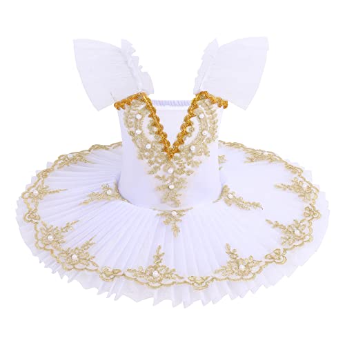 FYMNSI Mädchen Professionelles Ballett Tutu Kinder Ballettkleid Schwan Tanzkleid Schwanensee Tanz Kostüm Ballettkleidung Ballerina Prinzessin Pfannkuchen Trägerkleid Bühnenkleidung Weiß 11-12 Jahre von FYMNSI