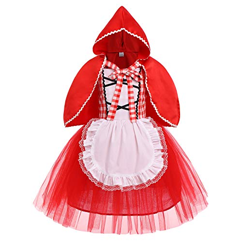 FYMNSI Mädchen Rotkäppchen Kostüm Kinder Märchen Prinzessin Verkleidung Karneval Party Halloween Weihnachten Cosplay Rot Plaid Schürze Kleid mit Kapuze Umhang 2pcs Set, Rotkäppchen 03, 3-4 Jahre von FYMNSI