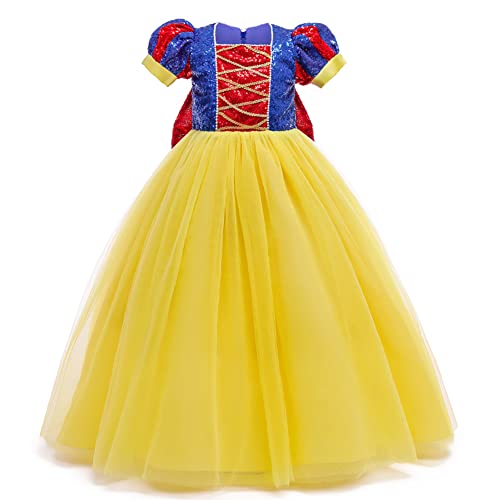 FYMNSI Mädchen Schneewittchen Kostüm Kinder Prinzessin Snow White Costume Karneval Cosplay Märchen Tüll Maxikleid Halloween Weihnachten Geburtstag Party Verkleiden Blau + Gelb Pailletten 7-8 Jahre von FYMNSI