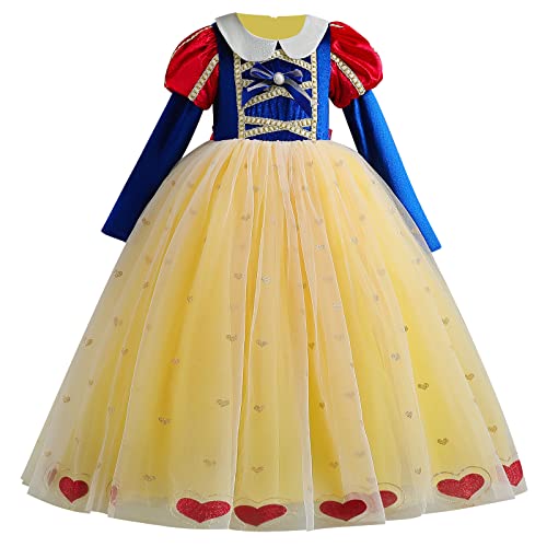 FYMNSI Mädchen Schneewittchen Kostüm Kinder Prinzessin Snow White Costume Karneval Cosplay Samt Langarm Tüll Maxikleid Fasching Halloween Weihnachten Geburtstag Party Verkleidung Gelb 4-5 Jahre von FYMNSI