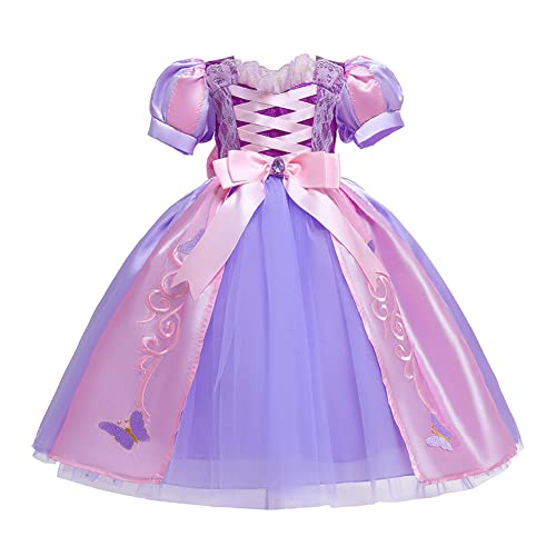 FYMNSI Mädchen Sofia Rapunzel Prinzessin Kostüm Kinder Cosplay Kurzarm Kurzes Kleid für Karneval Fasching Halloween Weihnachten Geburtstag Party Ankleiden Verkleidung Lila + Rosa 18-24 Monate von FYMNSI