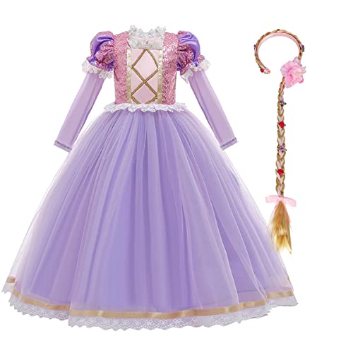 FYMNSI Mädchen Sofia Rapunzel Prinzessin Kostüm Kinder Cosplay Langarm Langes Kleid mit Perücke für Karneval Fasching Halloween Weihnachten Geburtstag Party Ankleiden Verkleidung Lila 4-5 Jahre von FYMNSI