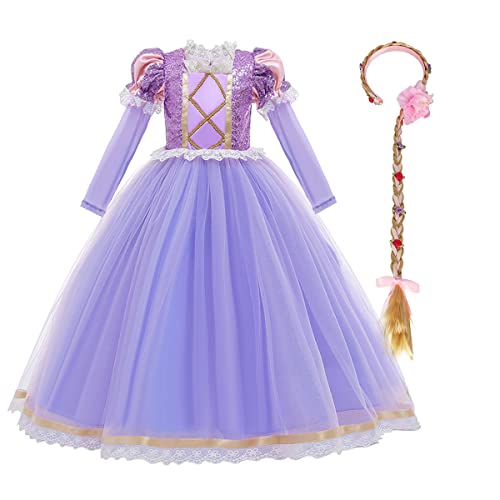 FYMNSI Mädchen Sofia Rapunzel Prinzessin Kostüm Kinder Cosplay Langarm Langes Tüll Kleid mit Perücke für Karneval Fasching Halloween Weihnachten Geburtstag Party Ankleiden Verkleidung Lila 5-6 Jahre von FYMNSI