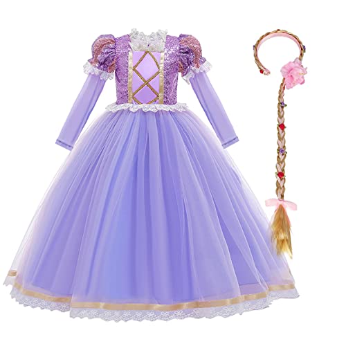 FYMNSI Mädchen Prinzessin Kostüm Kinder Cosplay Langarm Langes Tüll Kleid mit Perücke für Karneval Fasching Halloween Weihnachten Geburtstag Party Ankleiden Verkleidung Lila 7-8 Jahre von FYMNSI