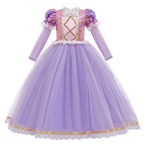 FYMNSI Mädchen Sofia Rapunzel Prinzessin Kostüm Kinder Cosplay Pailletten Langarm Langes Kleid für Karneval Fasching Halloween Weihnachten Geburtstag Party Ankleiden Verkleidung Lila 9-10 Jahre von FYMNSI