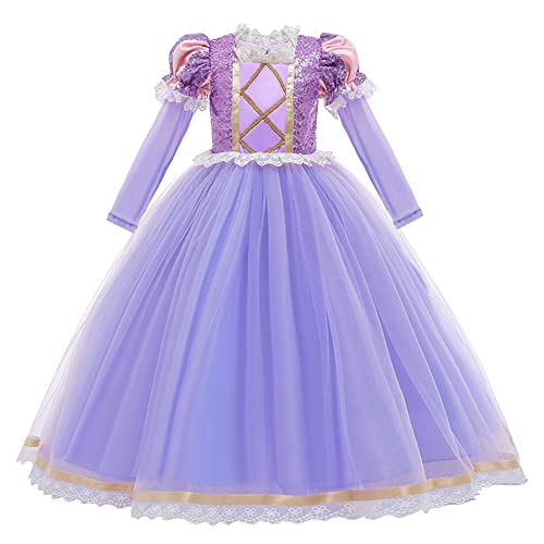 FYMNSI Mädchen Sofia Rapunzel Prinzessin Kostüm Kinder Cosplay Pailletten Langarm Langes Tüll Kleid für Karneval Fasching Halloween Weihnachten Geburtstag Party Ankleiden Verkleidung Lila 3-4 Jahre von FYMNSI