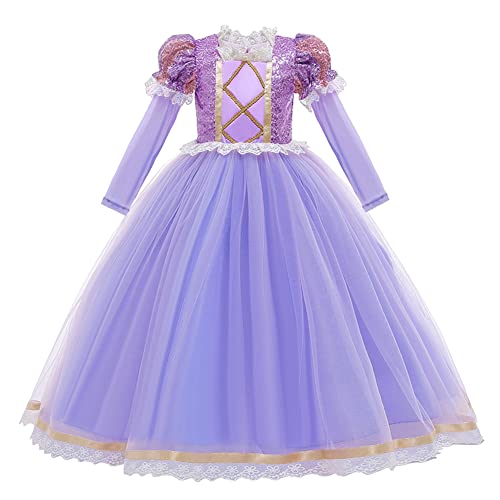 FYMNSI Mädchen Prinzessin Kostüm Kinder Cosplay Pailletten Langarm Langes Tüll Kleid für Karneval Fasching Halloween Weihnachten Geburtstag Party Ankleiden Verkleidung Lila 4-5 Jahre von FYMNSI