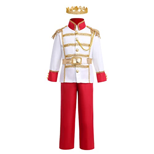 FYMNSI Märchenprinz Kostüm Kinder Jungen Prinz Charming Mittelalterlichen König Kinderkostüm Jacke Top Hose Gürtel und Krone Halloween Cosplay Karneval Mottoparty Party Verkleidung Rot 10-12 Jahre von FYMNSI