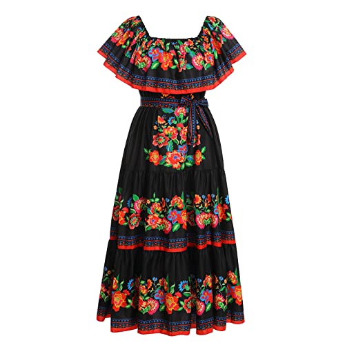 FYMNSI Mexikanisches Kleid Damen Schulterfrei Langes Abendkleid Blumen Maxikleid Boho Strandkleid Freizeitkleid Partykleid Cocktailkleid Elegant Bandeau Tr?gerlos Sommerkleid Wickelkleid Schwarz S von FYMNSI