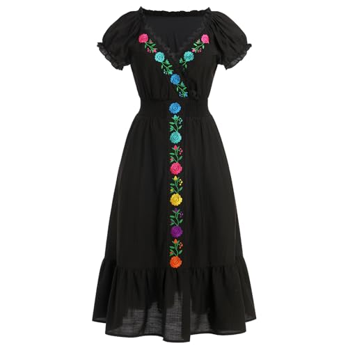 FYMNSI Mexikanisches Kleid Damen V-Ausschnitt Kurzarm Langes Abendkleid Blumen Stickerei Maxikleid Boho Strandkleid Freizeitkleid Partykleid Cocktailkleid Elegant Sommerkleid Schwarz M von FYMNSI