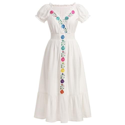 FYMNSI Mexikanisches Kleid Damen V-Ausschnitt Kurzarm Langes Abendkleid Blumen Stickerei Maxikleid Boho Strandkleid Freizeitkleid Partykleid Cocktailkleid Elegant Sommerkleid Weiß M von FYMNSI