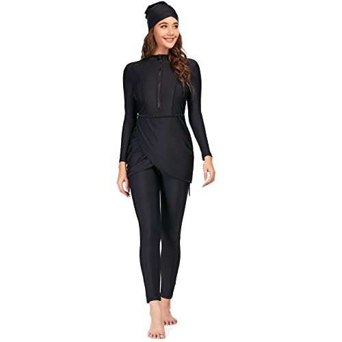 FYMNSI Muslimische Badeanzug Damen Bescheidene Bademode Islamisch Arabisch Schwimmkostüm Reißverschluss Langarm Top Hose Hijab 3er Burkini Set Modest Full Cover Muslim Badebekleidung Schwarz L von FYMNSI