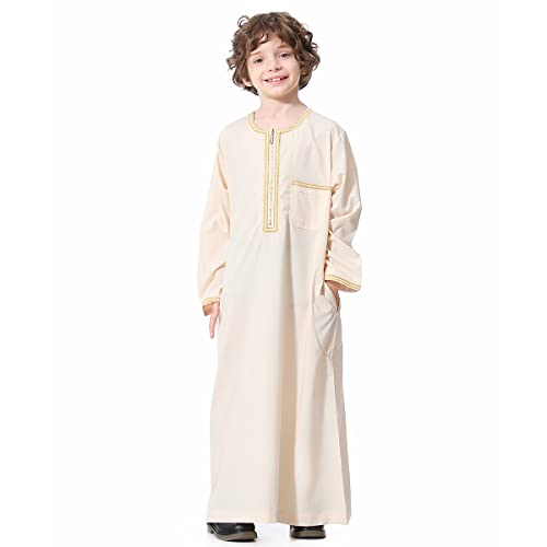 FYMNSI Muslimische Jungen Robe Kinder Abaya Kaftan Islamische Gebetskleidung Arabischer Mittlerer Osten Dubai Langarm Jubba Thobe Reißverschluss Roben Muslim Gebet Ramadan Beige 13-14 Jahre von FYMNSI