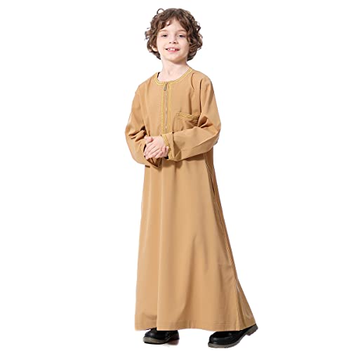 FYMNSI Muslimische Jungen Robe Kinder Abaya Kaftan Islamische Gebetskleidung Arabischer Mittlerer Osten Dubai Langarm Jubba Thobe Reißverschluss Roben Muslim Gebet Ramadan Kamel 11-12 Jahre von FYMNSI