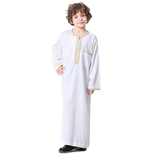 FYMNSI Muslimische Jungen Robe Kinder Abaya Kaftan Islamische Gebetskleidung Arabischer Mittlerer Osten Dubai Langarm Jubba Thobe Reißverschluss Roben Muslim Gebet Ramadan Weiß 5-6 Jahre von FYMNSI