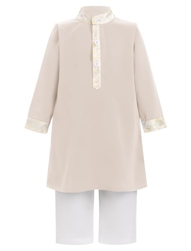 FYMNSI Muslimische Neugeborenes Baby Jungen Robe mit Hose Set Kleinkinder Lanagrm Abaya Kaftan Islamische Gebetskleidung Arabischer Mittlerer Osten Dubai Muslim Gebet Thobe Aprikose + Wei� 3-6M von FYMNSI