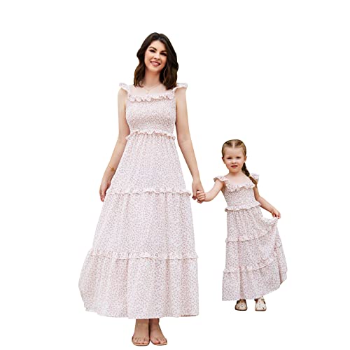 FYMNSI Mutter Tochter Kleid Maxikleider Partnerlook Mama und Mich Kleidung Sommer Outfits Blumenmuster Boho Lang Strandkleid Familien Partykleid Freizeitkleid Prinzessinnen Kleider Rosa Gebl?mt S von FYMNSI