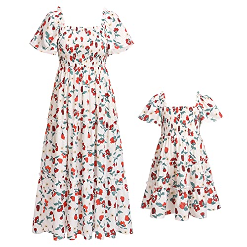 FYMNSI Mutter Tochter Kleid Maxikleider Partnerlook Mama und Mich Kleidung Sommer Outfits Blumenmuster Boho Lang Strandkleid Familien Partykleid Freizeitkleid Prinzessinnen Kleider Wei? Blumen L von FYMNSI