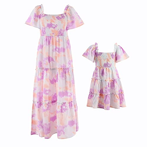 FYMNSI Mutter Tochter Kleid Maxikleider Partnerlook Mama und Mich Kleidung Sommer Outfits Kurzarm Boho Langes Strandkleid Familien Passenden Partykleid Elegante Freizeitkleid Violett Tie Dye M von FYMNSI