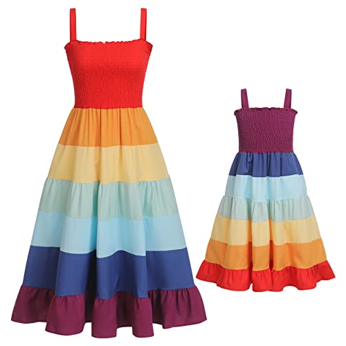 FYMNSI Mutter Tochter Kleid Maxikleider Partnerlook Mama und Mich Kleidung Sommer Outfits Regenbogen Tr?gerkleid Boho Lang Strandkleid Familien Passenden Partykleid Freizeitkleid Regenbogen 5-6 Jahre von FYMNSI