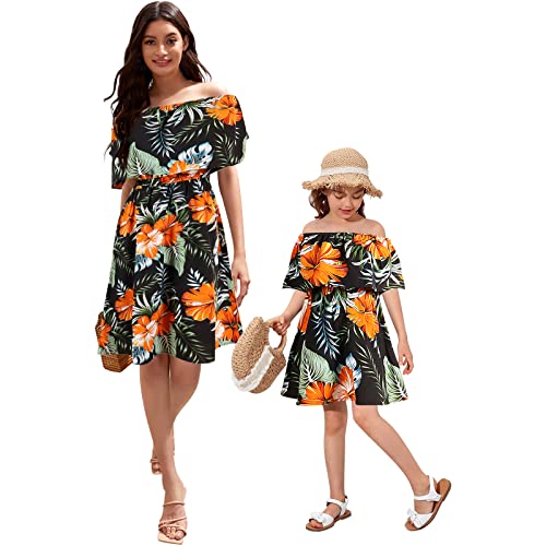 FYMNSI Mutter Tochter Partnerlook Kleid Damen Mädchen Schulterfrei Knielange Strandkleid Boho Freizeitkleid Blumen Gedruckt Festkleid Partykleid Mama und Mich Passend Familie Kleidung Hawaii 8-9 Jahre von FYMNSI