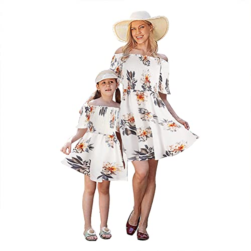 FYMNSI Mutter Tochter Partnerlook Kleid Damen Mädchen Schulterfrei Knielange Strandkleid Boho Freizeitkleid Blumen Gedruckt Festkleid Partykleid Mama und Mich Passend Familie Kleidung Weiß 3-4 Jahre von FYMNSI