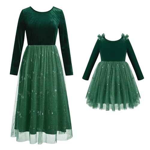 FYMNSI Mutter Tochter Partnerlook Kleid Samtkleid Damen Mädchen Herbst Winter Langarm Tüll Partykleid Weihnachtskleid A-Linie Festkleid Familie Passende Outfits Cocktailkleid Abendkleid Dunkelgrün M von FYMNSI