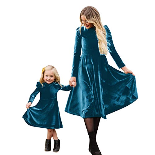 FYMNSI Mutter und Tochter Partnerlook Kleid Damen Mädchen Samtkleid Herbst Winter Langarm Weihnachtskleid A-Linie Festkleid Mama Baby Passend Familie Kleidung Cocktailkleid Partykleid Blau M von FYMNSI