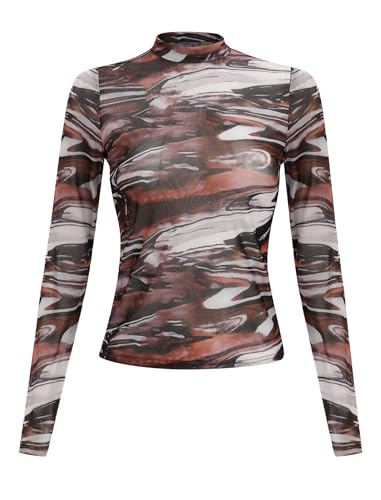 FYMNSI Netz Oberteil Damen Transparentes Mesh Top Blumen Blusen Rollkragen Langarm Tunika Durchsichtig Netztop T-Shirt Casual Shirts Blusenshirt Rave Outfit f�r Fasching Party Club Kaffee XL von FYMNSI