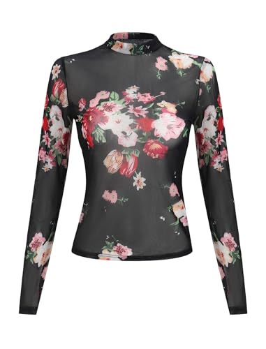 FYMNSI Netz Oberteil Damen Transparentes Mesh Top Blumen Blusen Rollkragen Langarm Tunika Durchsichtig Netztop T-Shirt Casual Shirts Blusenshirt Rave Outfit f�r Fasching Party Club Rosa Blumen M von FYMNSI