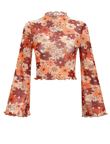 FYMNSI Netz Oberteil Damen Transparentes Mesh Top Boho Blumen Hippie 70er Jahre Blusen Rollkragen Glocken�rmel Tunika Durchsichtig Langarm Netztop Rave Outfit f�r Fasching Party Club Braun S von FYMNSI