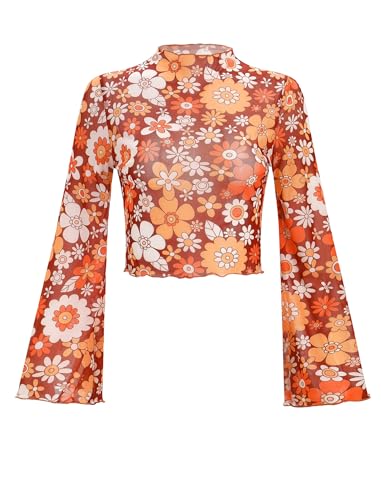 FYMNSI Netz Oberteil Damen Transparentes Mesh Top Boho Blumen Hippie 70er Jahre Blusen Rollkragen Glocken�rmel Tunika Durchsichtig Langarm Netztop Rave Outfit f�r Fasching Party Club Orange M von FYMNSI
