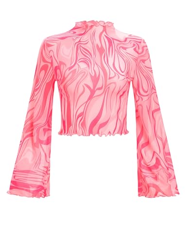FYMNSI Netz Oberteil Damen Transparentes Mesh Top Boho Blumen Hippie 70er Jahre Blusen Rollkragen Glocken�rmel Tunika Durchsichtig Langarm Netztop Rave Outfit f�r Fasching Party Club Rosa XL von FYMNSI