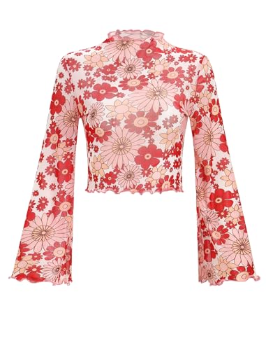 FYMNSI Netz Oberteil Damen Transparentes Mesh Top Boho Blumen Hippie 70er Jahre Blusen Rollkragen Glocken�rmel Tunika Durchsichtig Langarm Netztop Rave Outfit f�r Fasching Party Club Rot M von FYMNSI