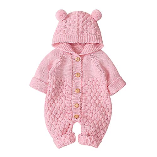 FYMNSI Neugeborene Baby Mädchen Jungen Gestrickt Strampler mit Kapuze Einteilige Schneeanzug Säugling Winter Warme Overall Bodysuit Kleinkinder Strick Pullover Strickanzug Rosa 0-6 Monate von FYMNSI