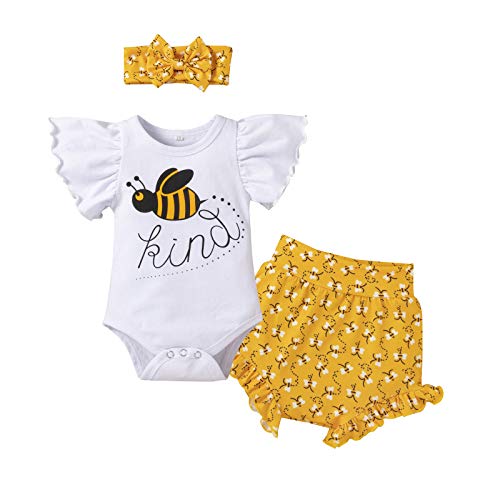 FYMNSI Neugeborene Baby Mädchen Sommer Bekleidungsset Baumwolle Rüschen Kurzarm Strampler Bodysuit Biene Druck Shorts Bowknot Stirnband 3 Stück Set Freizeit Bekleidung 3-6 Monate von FYMNSI